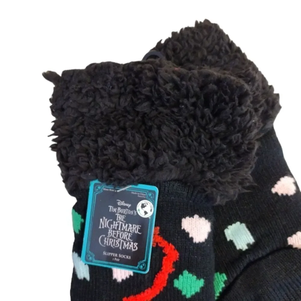 Disney Nightmare Before Christmas Black Sherpa Holiday‎ Slipper Socks NWT